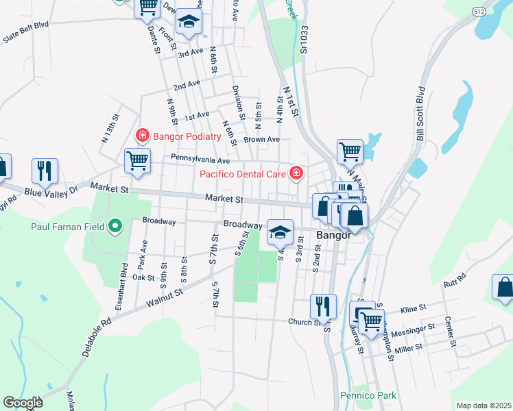 map of restaurants, bars, coffee shops, grocery stores, and more near 508 Market Street in Bangor