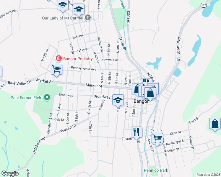 map of restaurants, bars, coffee shops, grocery stores, and more near 509 Market Street in Bangor
