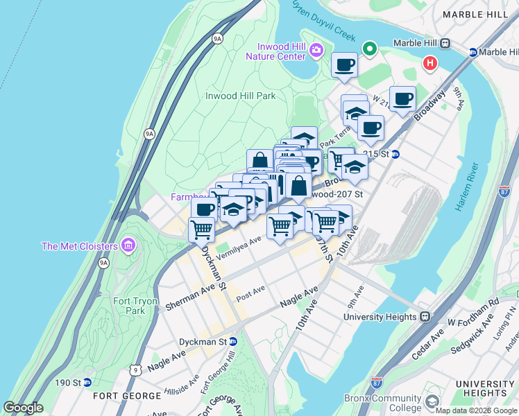 map of restaurants, bars, coffee shops, grocery stores, and more near 4871 Broadway in New York