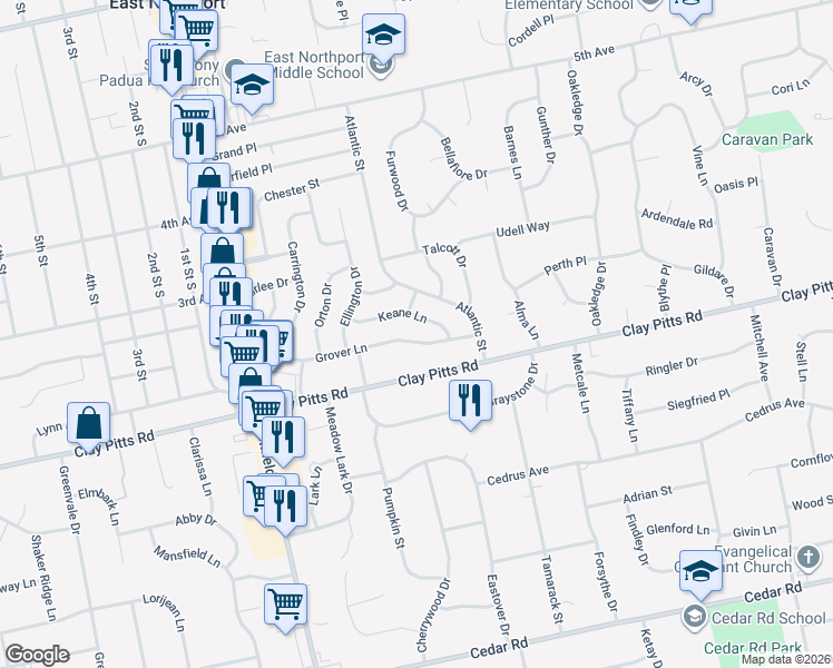 map of restaurants, bars, coffee shops, grocery stores, and more near 75 Keane Lane in East Northport