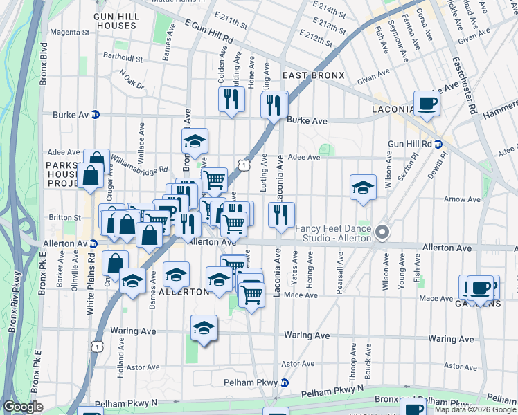 map of restaurants, bars, coffee shops, grocery stores, and more near 1066 Arnow Avenue in The Bronx