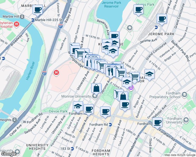map of restaurants, bars, coffee shops, grocery stores, and more near in The Bronx