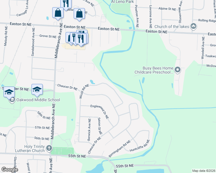 map of restaurants, bars, coffee shops, grocery stores, and more near 6103 Wiclif Road Northeast in Canton