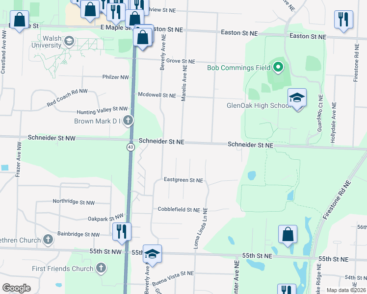 map of restaurants, bars, coffee shops, grocery stores, and more near 1015 Schneider Street Northeast in Canton