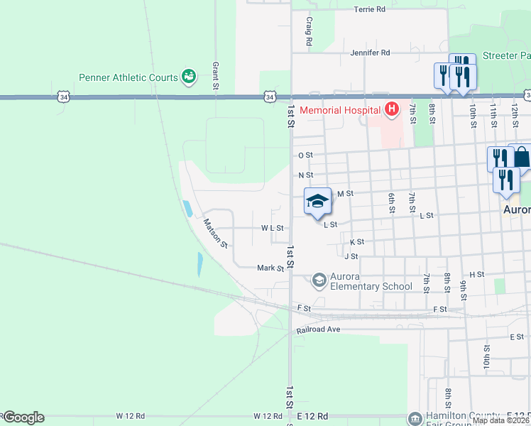 map of restaurants, bars, coffee shops, grocery stores, and more near 1198 2nd Avenue in Aurora