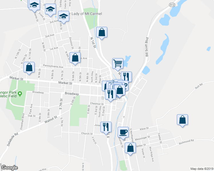 map of restaurants, bars, coffee shops, grocery stores, and more near 135 Market Street in Bangor