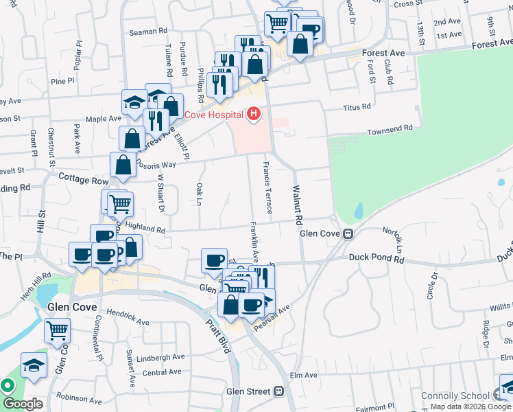 map of restaurants, bars, coffee shops, grocery stores, and more near 17 Francis Terrace in Glen Cove