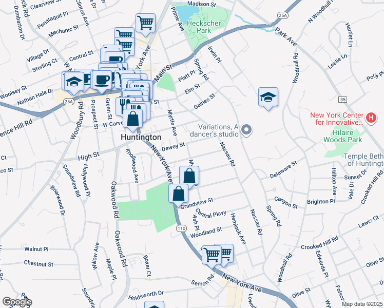 map of restaurants, bars, coffee shops, grocery stores, and more near 34 Dewey Street in Huntington