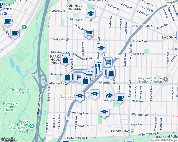 map of restaurants, bars, coffee shops, grocery stores, and more near 2766 Barnes Avenue in Bronx