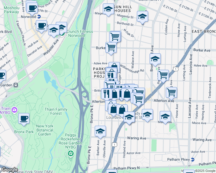 map of restaurants, bars, coffee shops, grocery stores, and more near 2853 White Plains Road in The Bronx