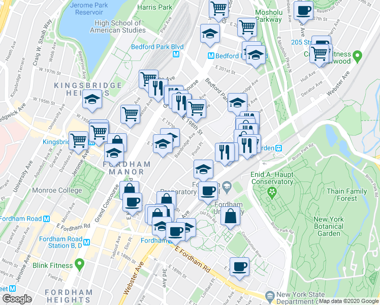 map of restaurants, bars, coffee shops, grocery stores, and more near 2791 Pond Place in Bronx