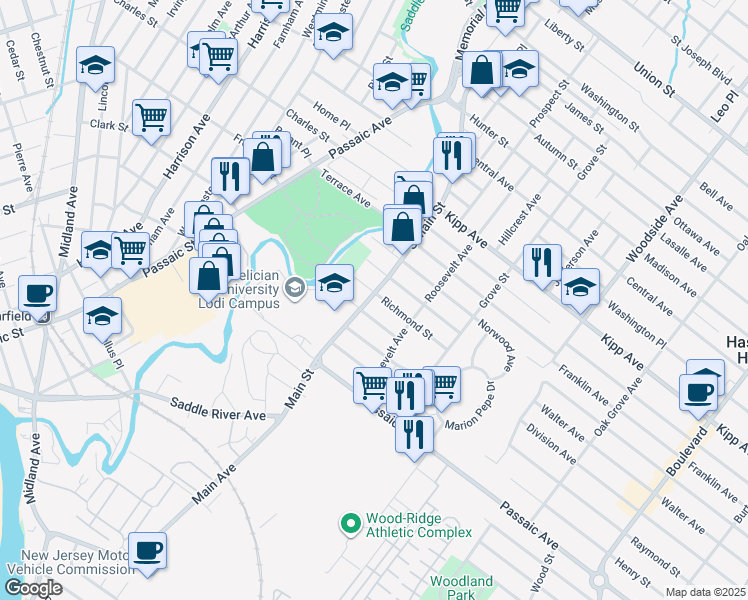 map of restaurants, bars, coffee shops, grocery stores, and more near 195 South Main Street in Lodi