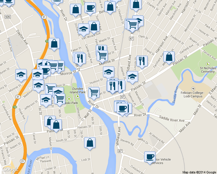 map of restaurants, bars, coffee shops, grocery stores, and more near 101 Palisade Avenue in Garfield