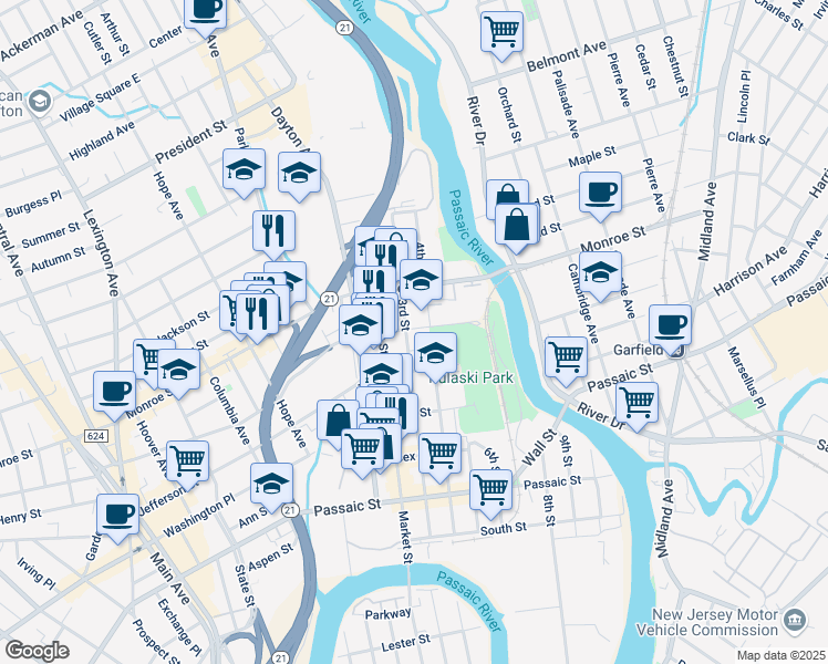 map of restaurants, bars, coffee shops, grocery stores, and more near 167 3rd Street in Passaic