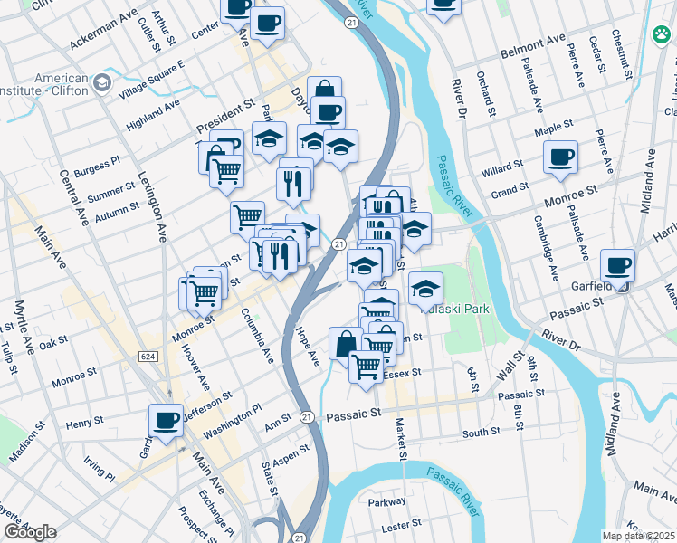 map of restaurants, bars, coffee shops, grocery stores, and more near 145 Monroe Street in Passaic