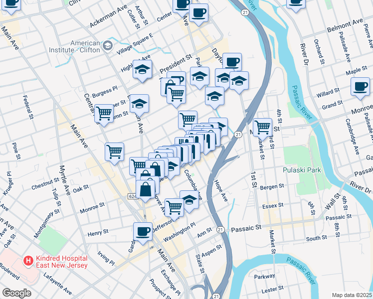 map of restaurants, bars, coffee shops, grocery stores, and more near 67 Jackson Street in Passaic
