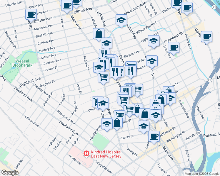 map of restaurants, bars, coffee shops, grocery stores, and more near 408 Harrison Street in Passaic