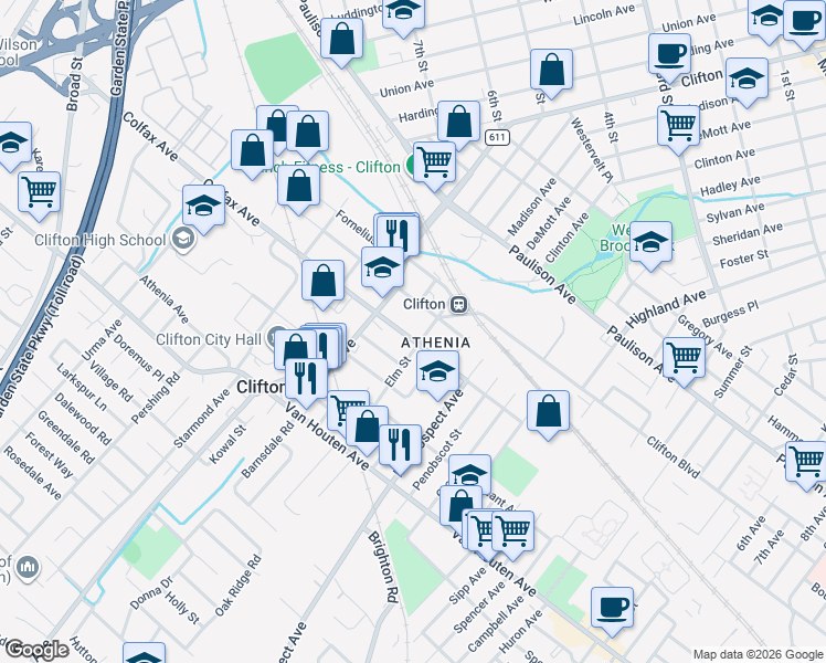 map of restaurants, bars, coffee shops, grocery stores, and more near 130 Colfax Avenue in Clifton