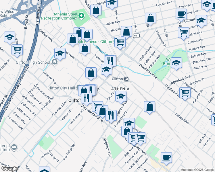 map of restaurants, bars, coffee shops, grocery stores, and more near 130 Colfax Avenue in Clifton