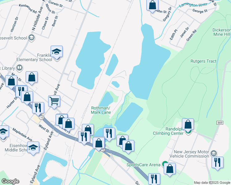 map of restaurants, bars, coffee shops, grocery stores, and more near 7B Mark Lane in Roxbury Township