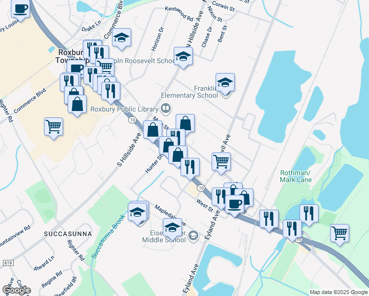 map of restaurants, bars, coffee shops, grocery stores, and more near 87 Main Street in Roxbury Township