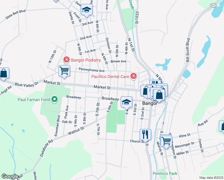 map of restaurants, bars, coffee shops, grocery stores, and more near 509 Market Street in Bangor