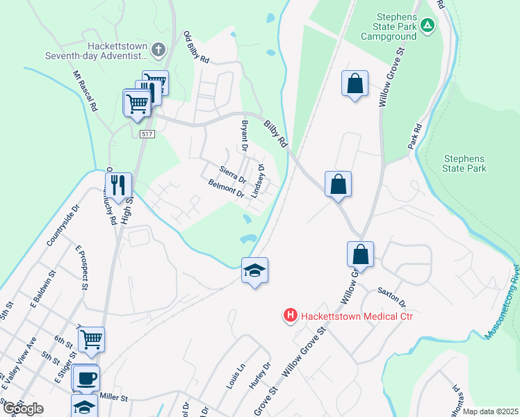 map of restaurants, bars, coffee shops, grocery stores, and more near 207 Lindsey Drive in Hackettstown