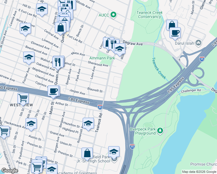 map of restaurants, bars, coffee shops, grocery stores, and more near 121 Teaneck Road in Teaneck