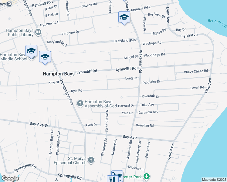 map of restaurants, bars, coffee shops, grocery stores, and more near 41 Kyle Road in Hampton Bays