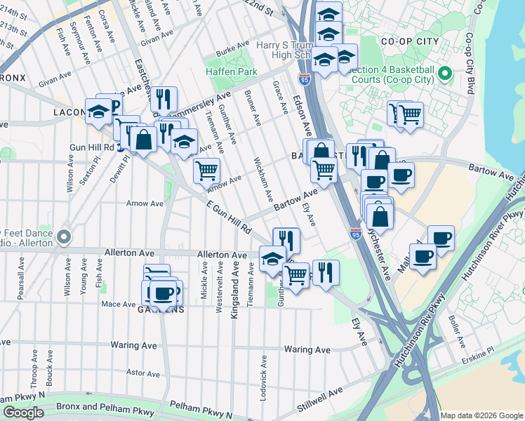 map of restaurants, bars, coffee shops, grocery stores, and more near 2810 Gunther Avenue in Bronx