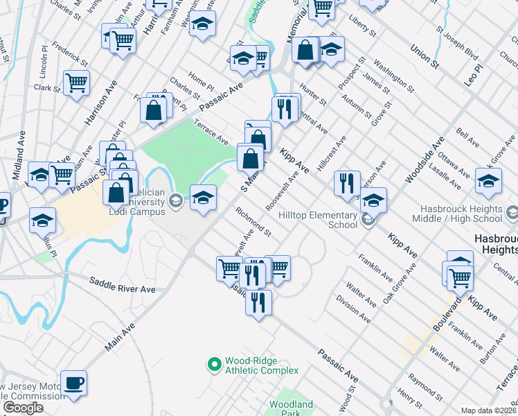 map of restaurants, bars, coffee shops, grocery stores, and more near 72 Norwood Avenue in Lodi