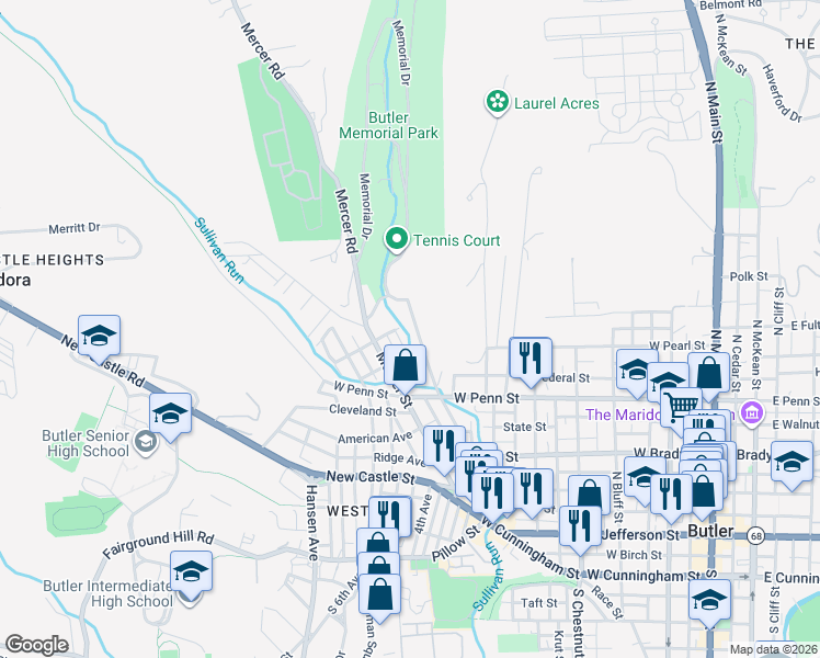 map of restaurants, bars, coffee shops, grocery stores, and more near 501 Miller Avenue in Butler