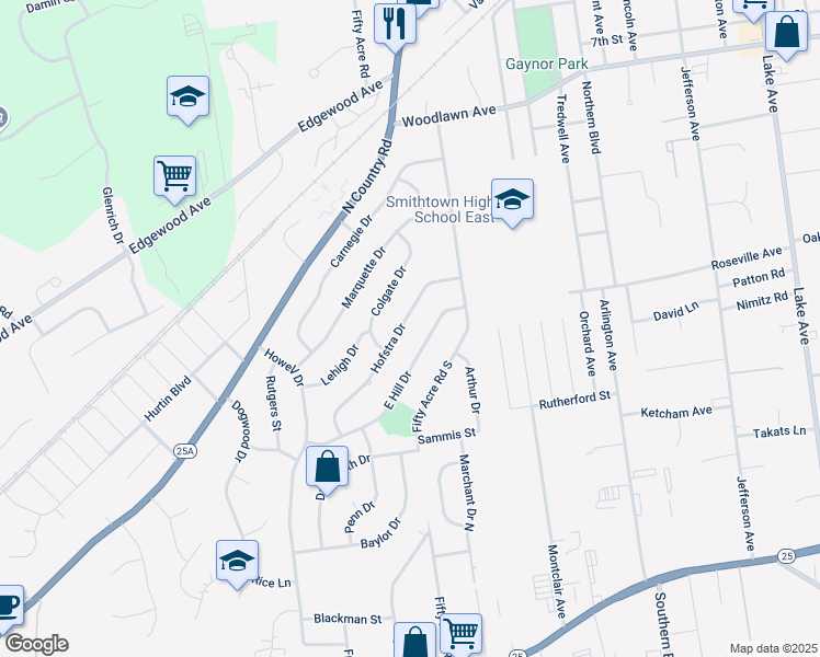 map of restaurants, bars, coffee shops, grocery stores, and more near 46 Hofstra Drive in Smithtown
