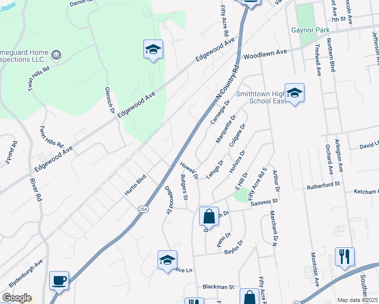 map of restaurants, bars, coffee shops, grocery stores, and more near 12 Carnegie Drive in Smithtown