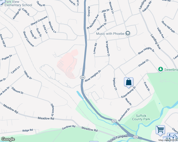 map of restaurants, bars, coffee shops, grocery stores, and more near 71 Saint Johnland Road in Smithtown