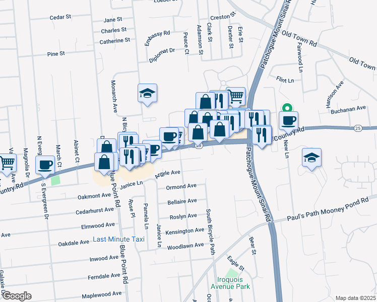 map of restaurants, bars, coffee shops, grocery stores, and more near 452 Middle Country Road in Selden