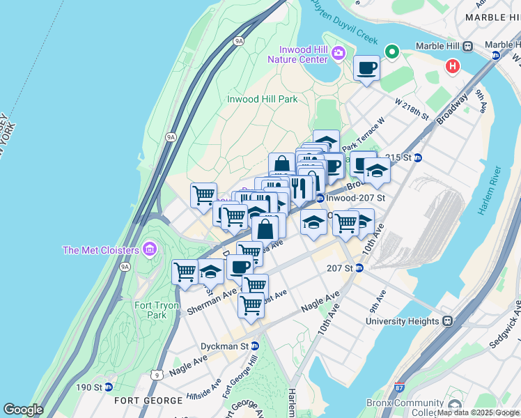 map of restaurants, bars, coffee shops, grocery stores, and more near 11 Cooper Street in New York