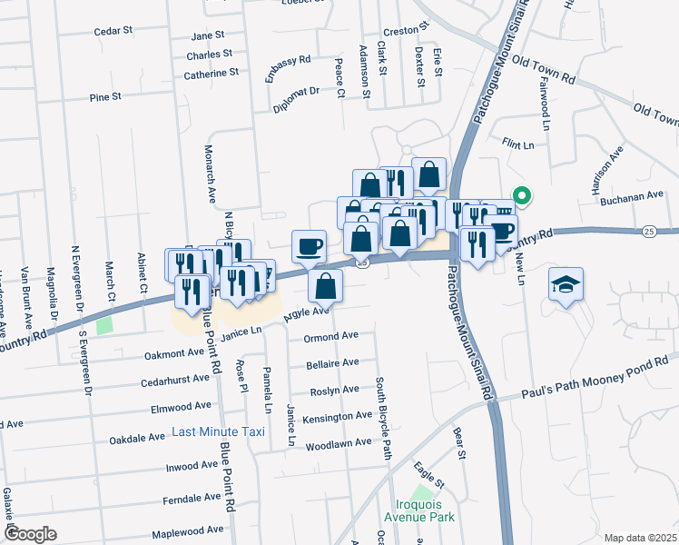 map of restaurants, bars, coffee shops, grocery stores, and more near 452 Middle Country Road in Selden