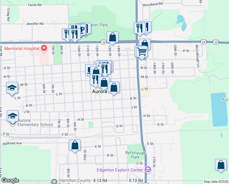map of restaurants, bars, coffee shops, grocery stores, and more near 1301-1351 L Street in Aurora