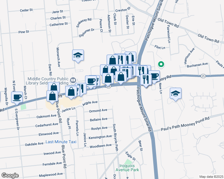 map of restaurants, bars, coffee shops, grocery stores, and more near 430 Middle Country Road in Selden