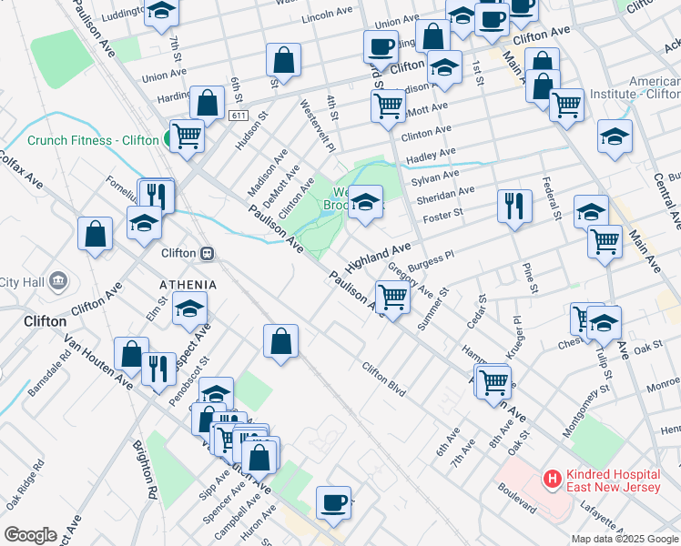map of restaurants, bars, coffee shops, grocery stores, and more near 470 Highland Avenue in Clifton