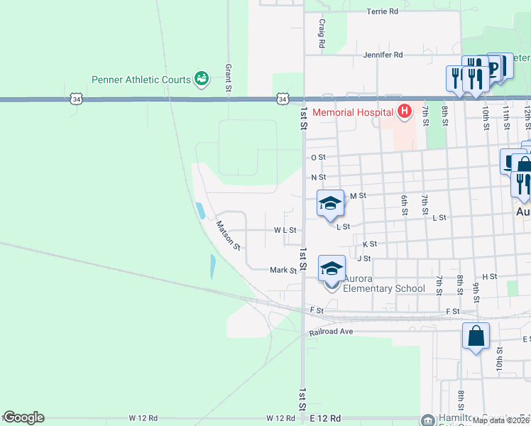 map of restaurants, bars, coffee shops, grocery stores, and more near 1198 2nd Avenue in Aurora