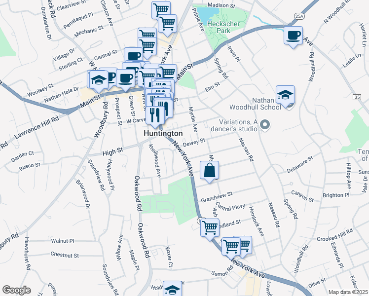 map of restaurants, bars, coffee shops, grocery stores, and more near 11 Dewey Street in Huntington
