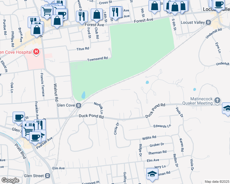 map of restaurants, bars, coffee shops, grocery stores, and more near 5-21 Raynham Road in Glen Cove