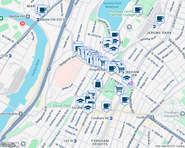 map of restaurants, bars, coffee shops, grocery stores, and more near 2621 Aqueduct Avenue West in Bronx