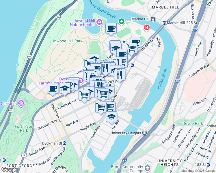map of restaurants, bars, coffee shops, grocery stores, and more near 526 West 211th Street in New York