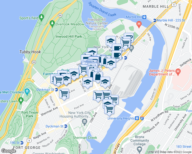 map of restaurants, bars, coffee shops, grocery stores, and more near 4966 Broadway in New York