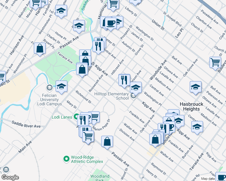 map of restaurants, bars, coffee shops, grocery stores, and more near 76 McKinley Avenue in Lodi