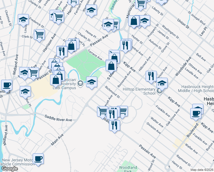 map of restaurants, bars, coffee shops, grocery stores, and more near 195 South Main Street in Lodi