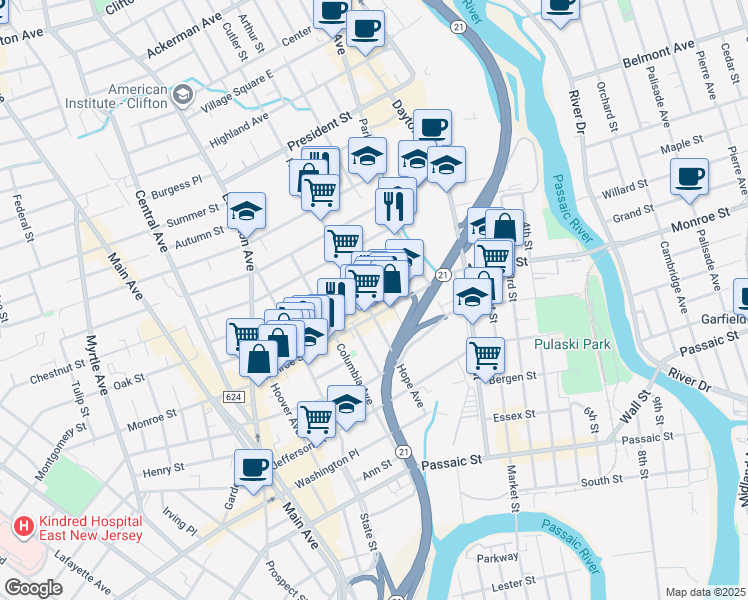map of restaurants, bars, coffee shops, grocery stores, and more near 44 Quincy Street in Passaic